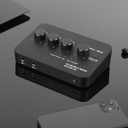 Black kk-model mci-mix 88 portable karaoke microphone mixer with four knobs and two mic inputs for home party use