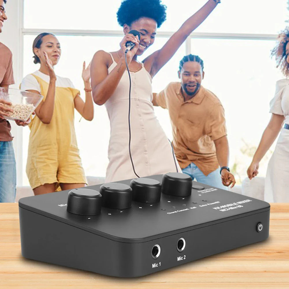 Black rectangular portable karaoke microphone mixer with four knobs and two microphone inputs for home party use
