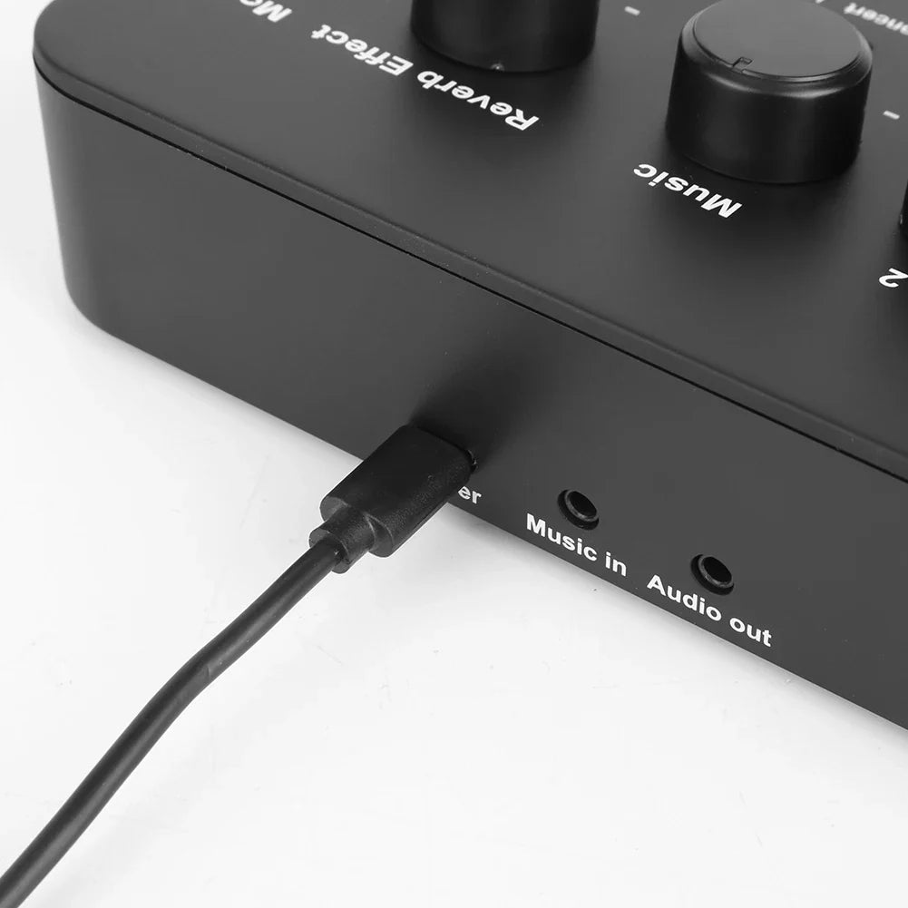 Black rectangular portable karaoke microphone mixer with matte finish knobs and labeled music and reverb effect controls