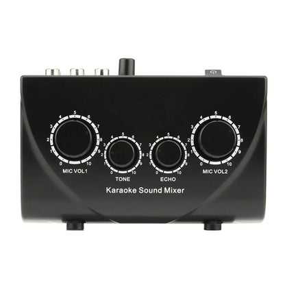 Black portable karaoke sound mixer with four rotary knobs for professional dual mic inputs and digital audio sound control