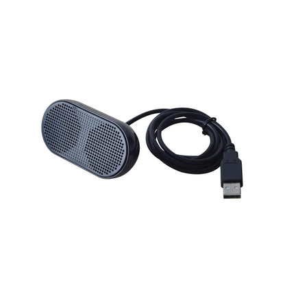 Black usb-powered mini speaker with perforated grille and coiled cable designed for good performance in computers
