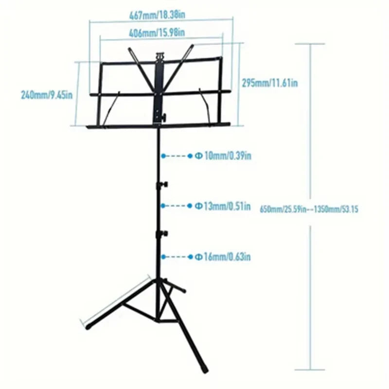 Black adjustable stable music stand with folding metal construction and tripod base for portable lightweight use