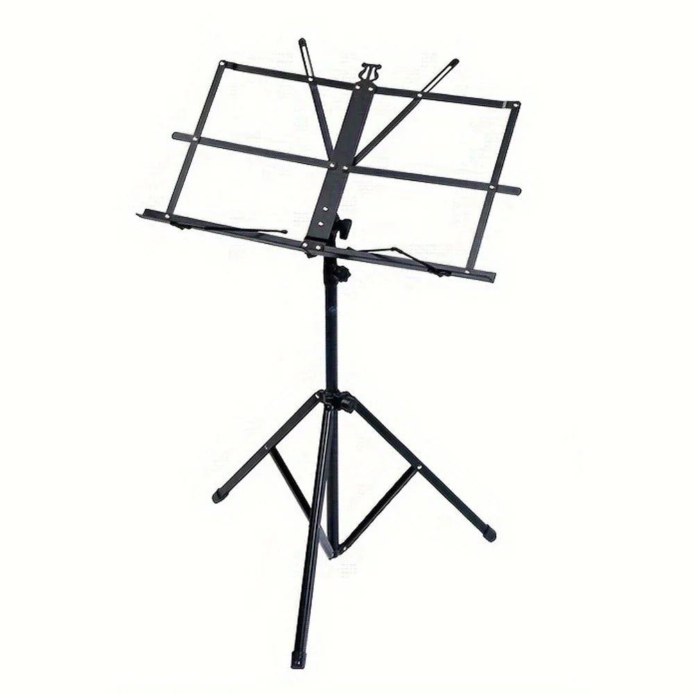Black metal folding music stand with adjustable height tripod base portable lightweight and stable for sheet music