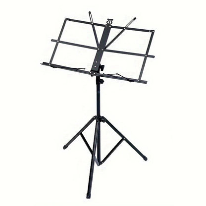 Black metal folding music stand with adjustable height tripod base portable lightweight and stable for sheet music