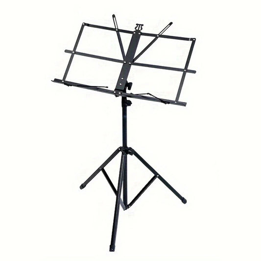 Black metal folding music stand with adjustable height tripod base portable lightweight and stable for sheet music