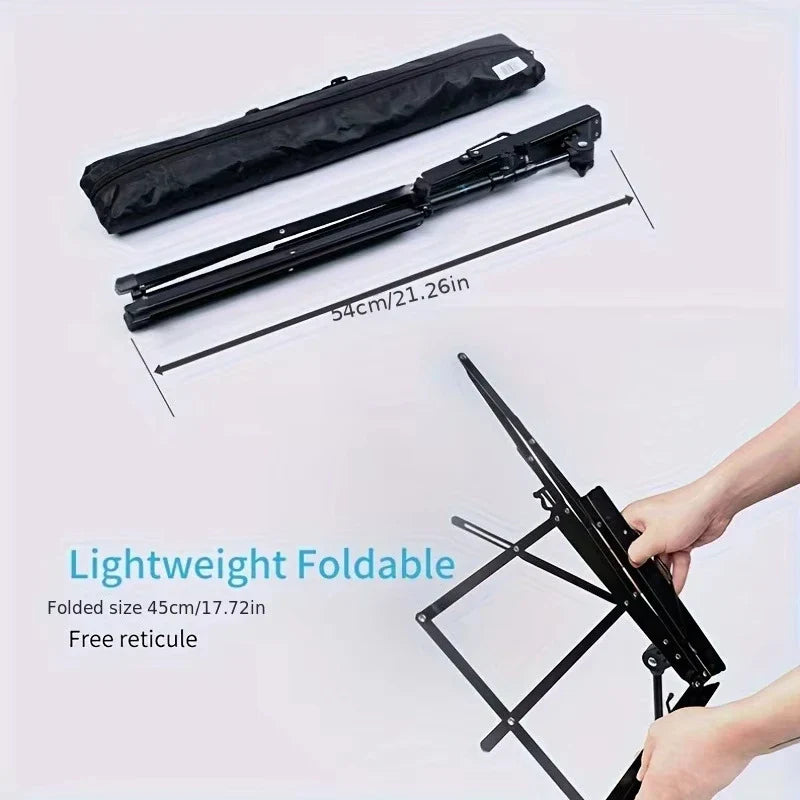 Black portable lightweight folding metal adjustable stable music stand with carrying bag and foldable tripod design