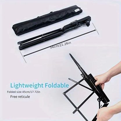 Black portable lightweight folding metal adjustable stable music stand with carrying bag and foldable tripod design