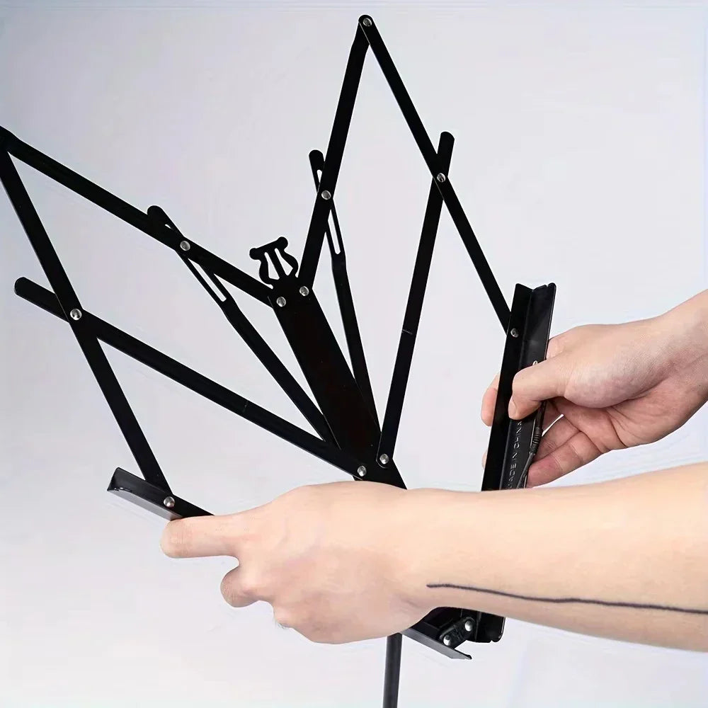 Black metal folding music stand with lyre-shaped cutout, adjustable stable music stand, portable lightweight design