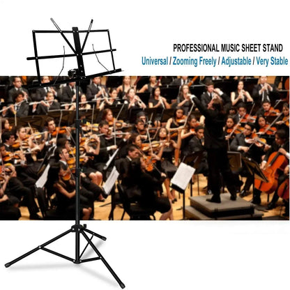 Black metal folding metal music stand with adjustable stable music height, portable lightweight and collapsible design