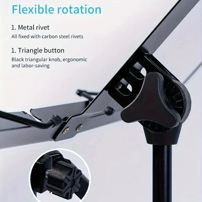 Black triangular ergonomic knob on portable lightweight folding metal music stand for adjustable stable music use
