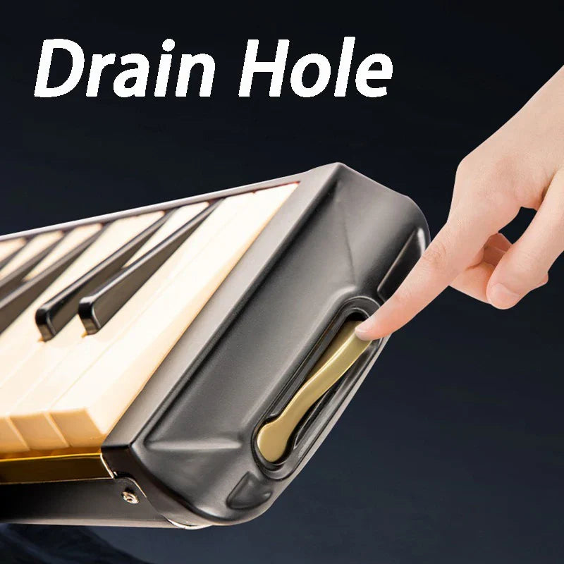Black and gold portable melodica with 37 keys and visible drain hole for professional beginner musical keyboard use