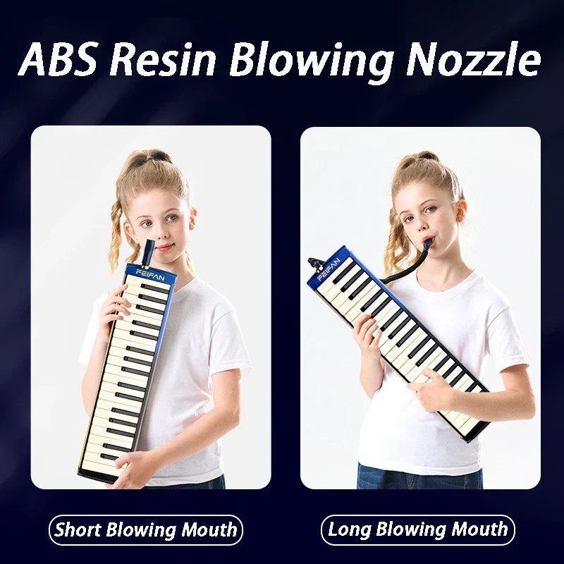 Blue and white Peipan brand portable melodica with abs resin body and blowing mouthpiece for professional musical keyboard use