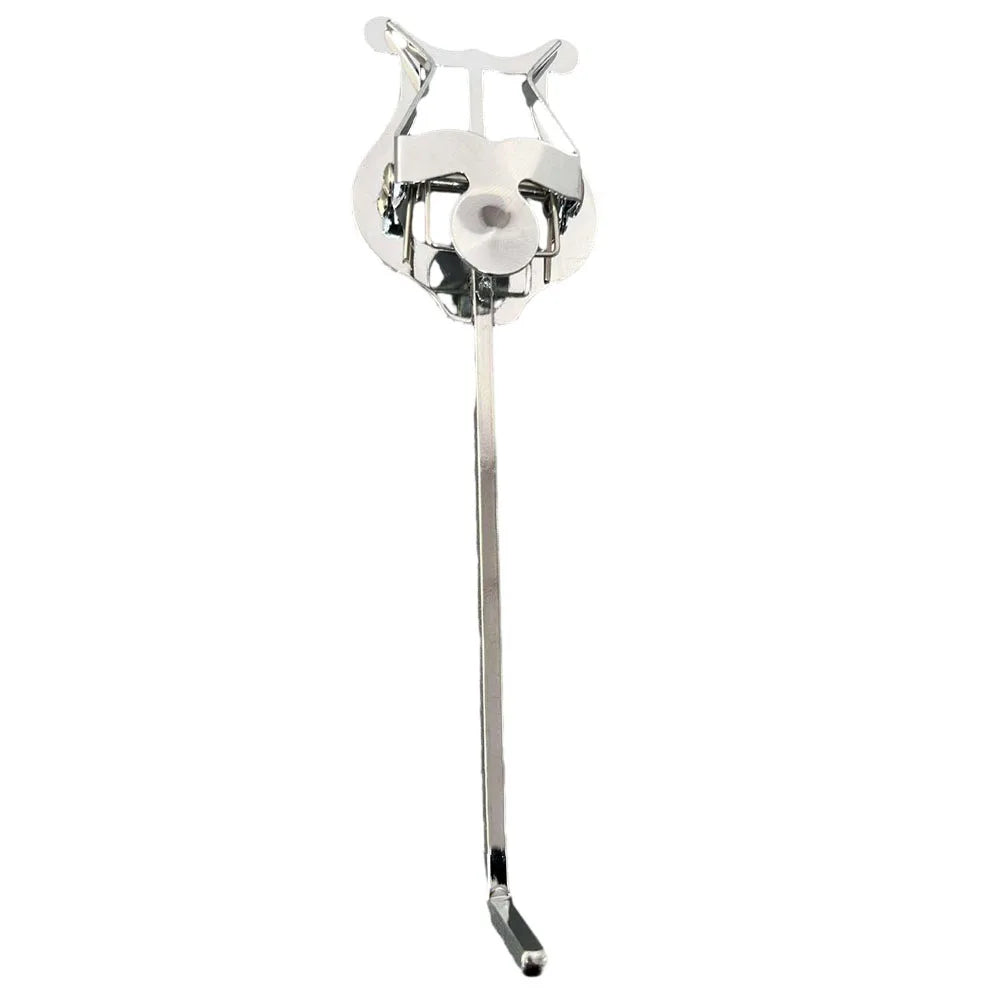 Shiny chrome-finished lyre clamp with sleek reflective surface designed as a portable metal trumpet marching lyre clamp