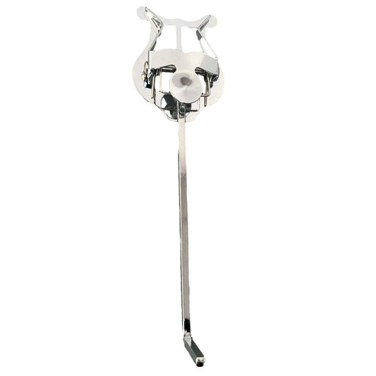 Shiny chrome-finished lyre clamp with sleek reflective surface designed as a portable metal trumpet marching lyre clamp