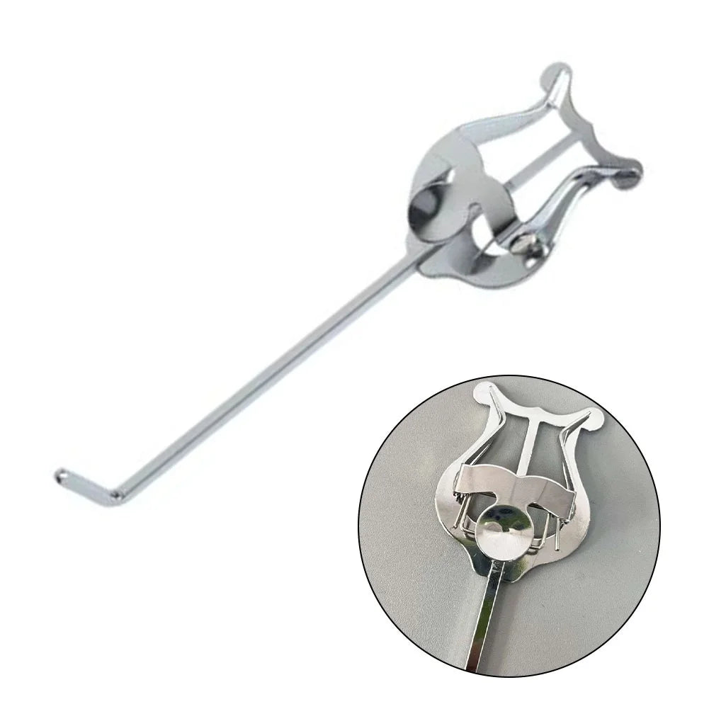Shiny chrome portable metal trumpet lyre clamp with long slender arm and adjustable clamping mechanism for marching use