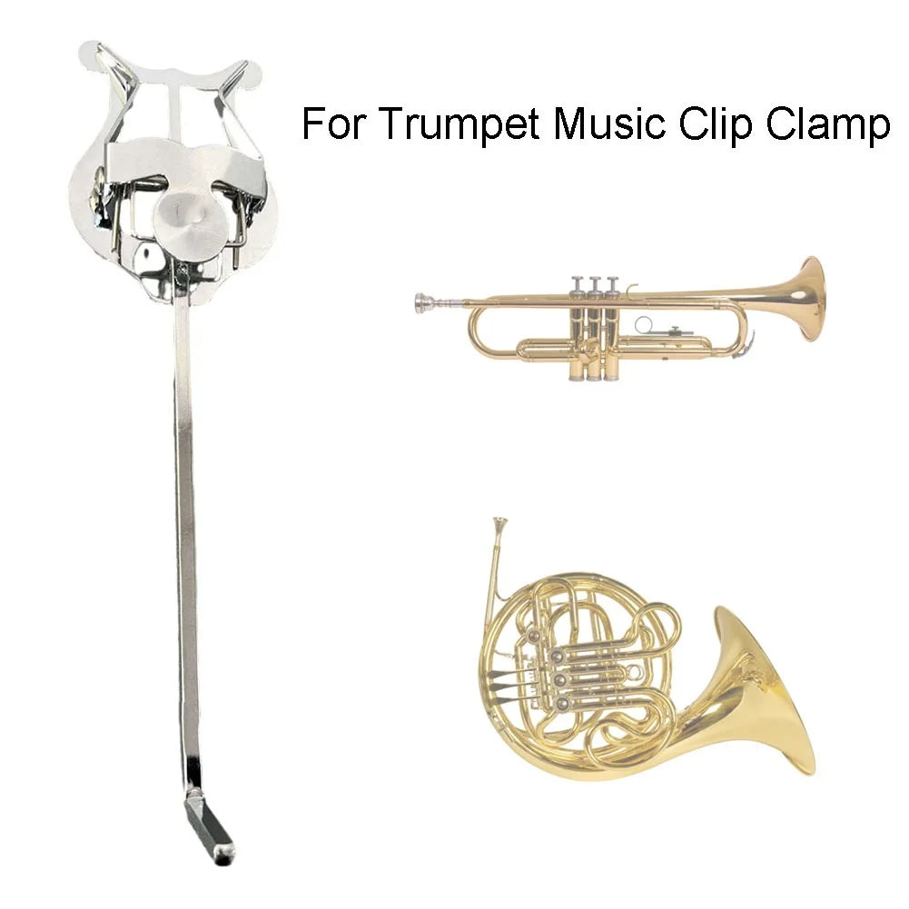 Shiny silver metal portable metal trumpet lyre clamp with curved adjustable design for securing sheet music