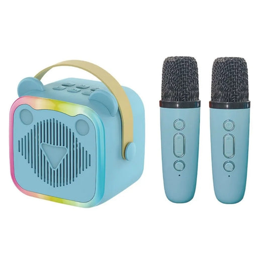 Pastel blue bear-shaped portable mini home karaoke speaker wireless with rainbow led lighting and wireless microphones rgb