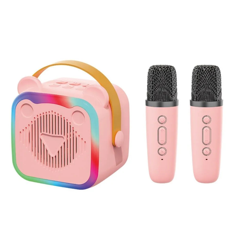 Pink bear-shaped portable mini home karaoke speaker wireless with rainbow led lights and two pink wireless microphones rgb
