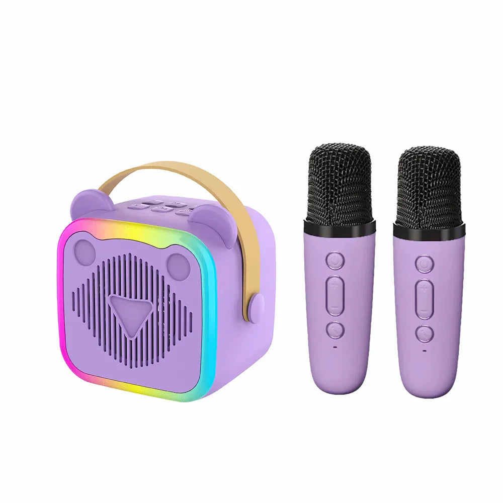 Purple bear-shaped portable mini home karaoke speaker wireless with rainbow led lights and two wireless microphones rgb