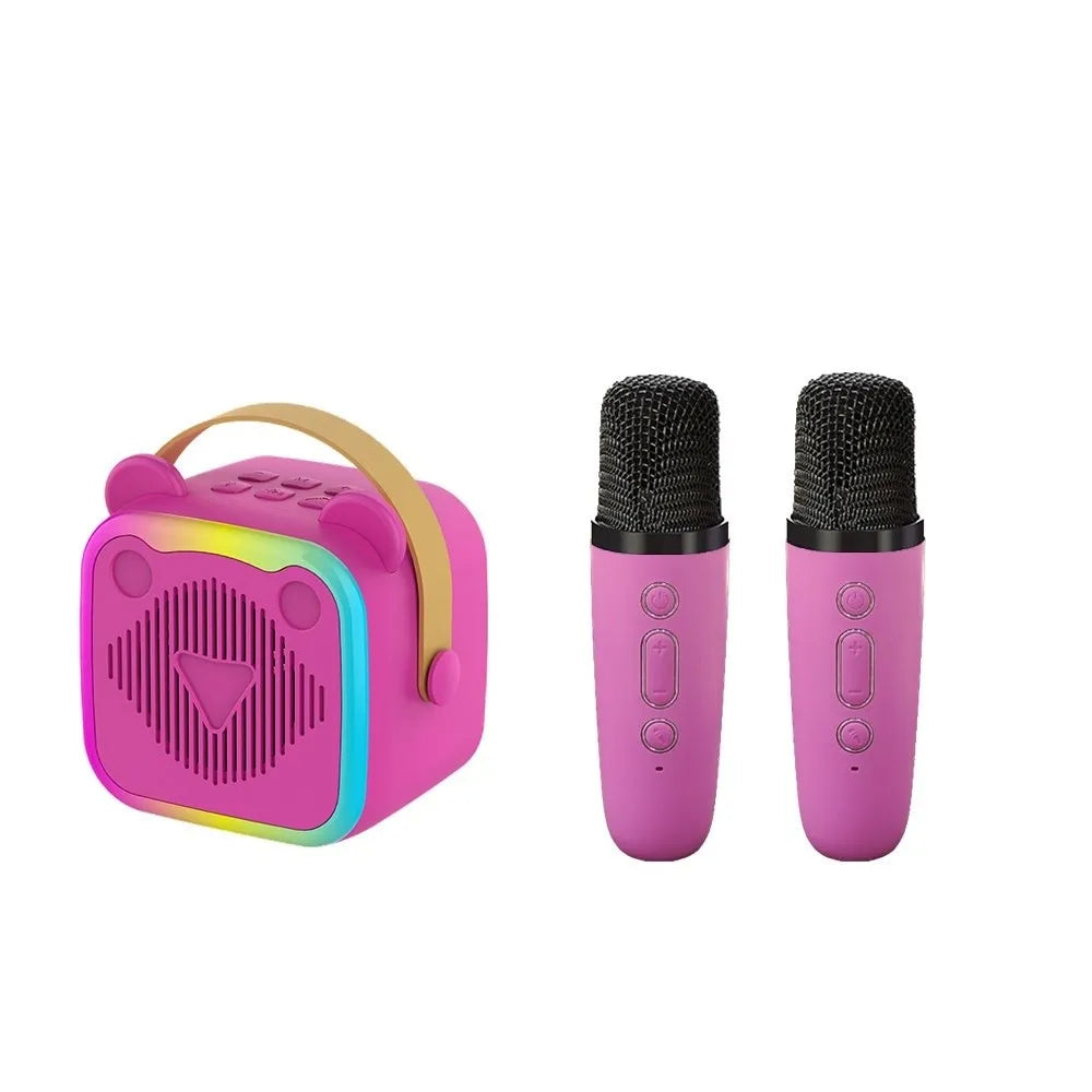 Pink bear-shaped portable mini home karaoke speaker wireless with rainbow led lights and two matching pink wireless microphones rgb