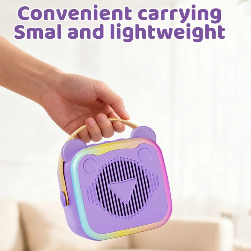 Purple bear-shaped portable mini home karaoke speaker with rainbow gradient accents wooden handle and wireless microphones rgb