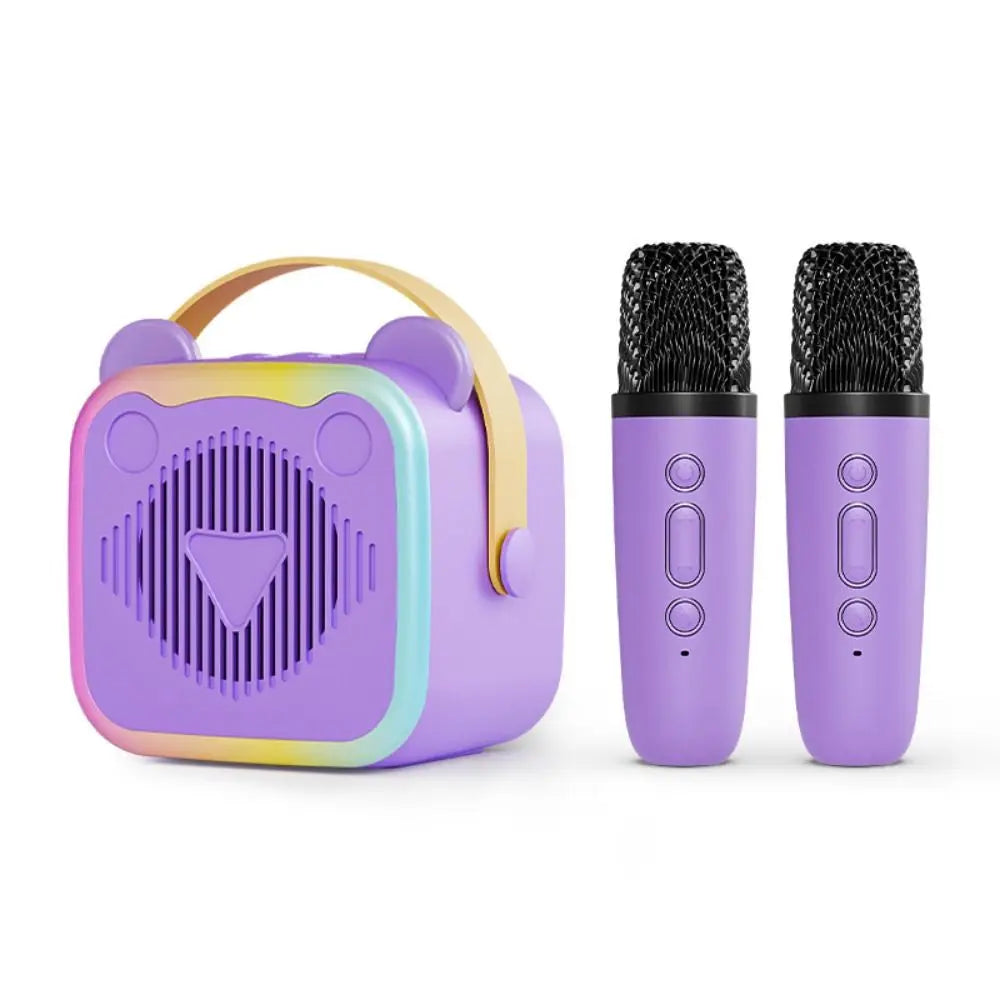 Purple bear-shaped portable mini home karaoke speaker with wireless microphones rgb lighting and 3.5mm earphone jack