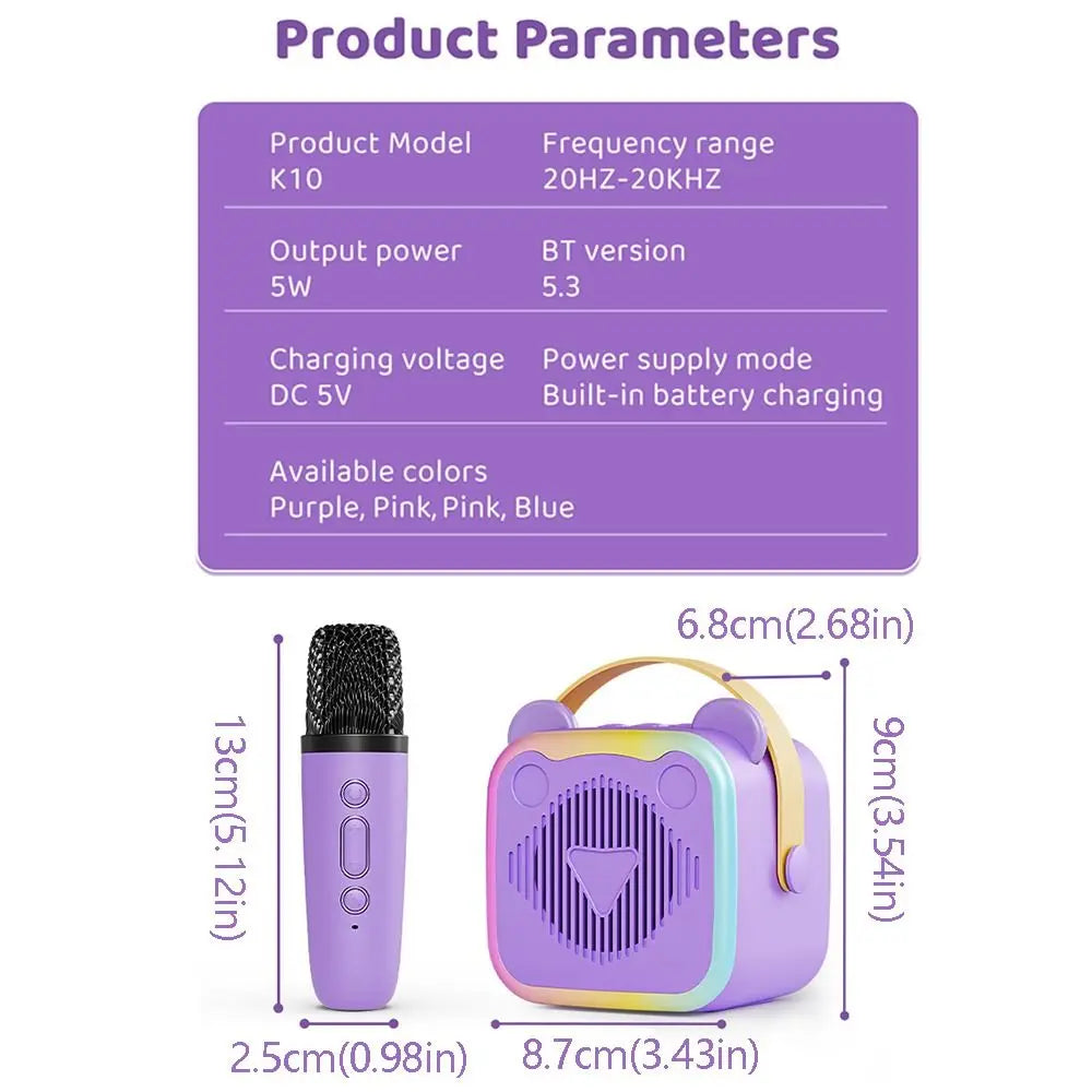 Portable mini karaoke machine with purple pink gradient wireless microphones rgb lights and karaoke speaker wireless system