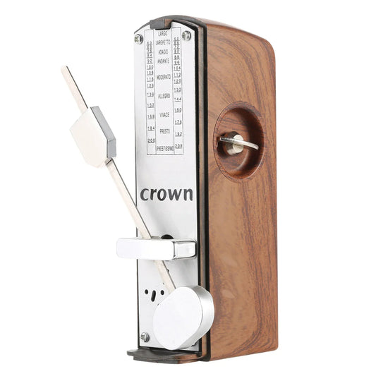 Crown brand portable mini mechanical metronome with polished wooden body and silver metal accents for piano guitar violin and chinese zither