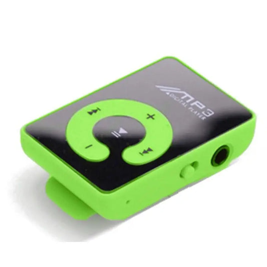 Bright lime green portable mini mp3 clip card with black touch control panel and side clip for music player mirror use