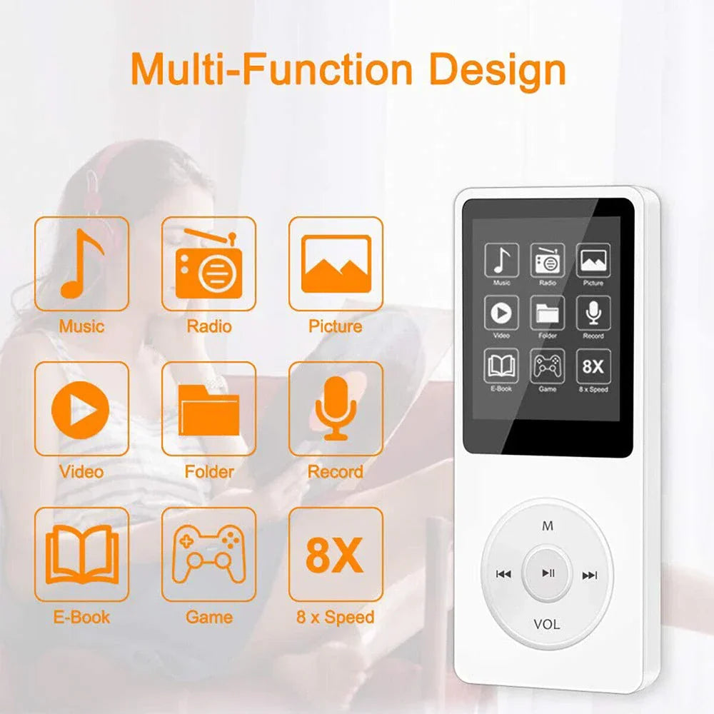 White portable mini mp3 player with touchscreen and circular buttons featuring bluetooth support two-way transmission fm radio and radio voice recorder