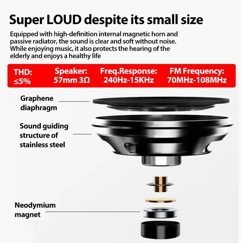 Black 57mm portable mini radio speaker with graphene diaphragm stainless steel structure and neodymium magnet compact audio device