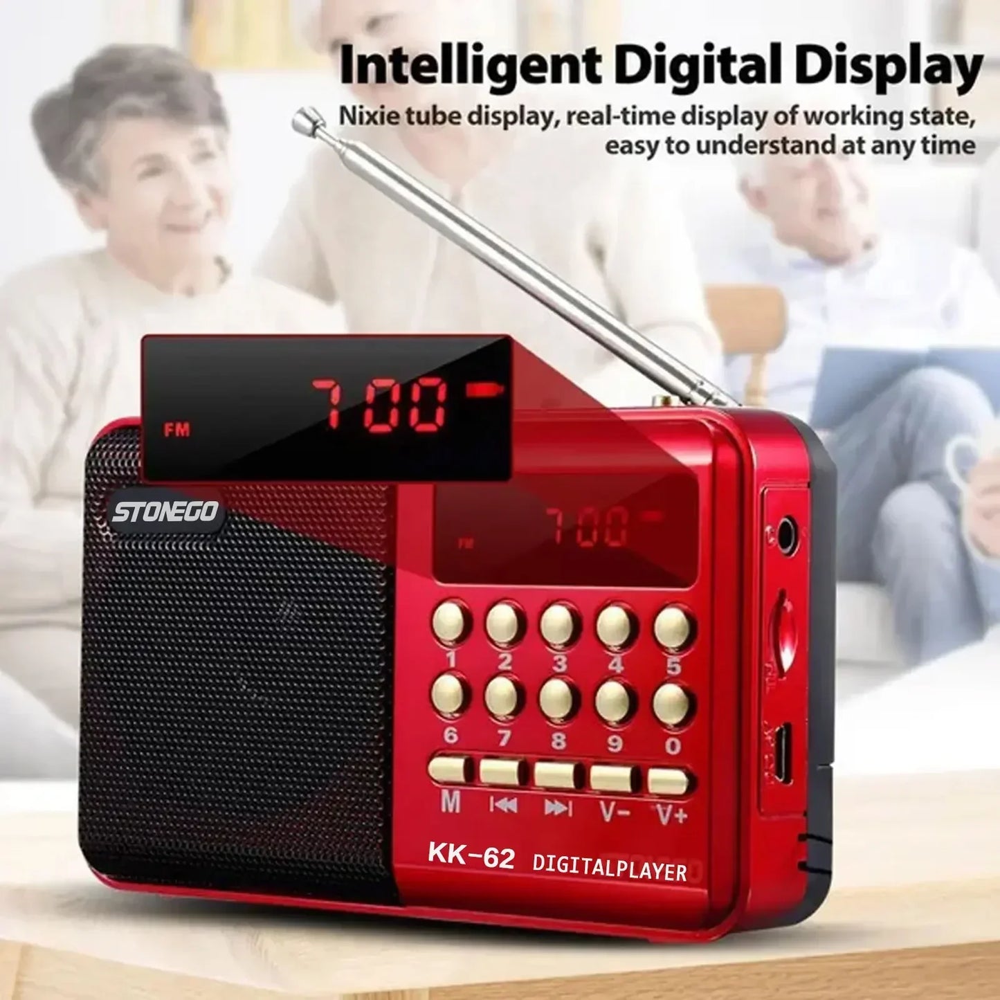 Red stoneco kk-62 portable mini radio with black speaker grille gold-tone buttons compact audio device player wireless speakers