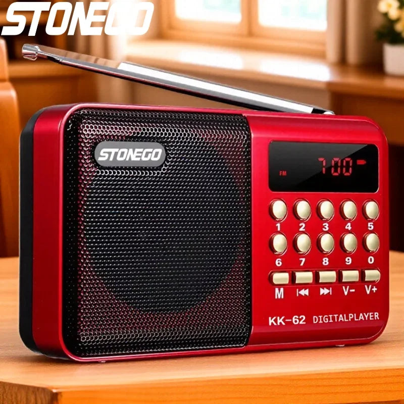 Red stonego kk-62 portable mini radio with black mesh speaker grille silver buttons compact audio device player wireless speakers