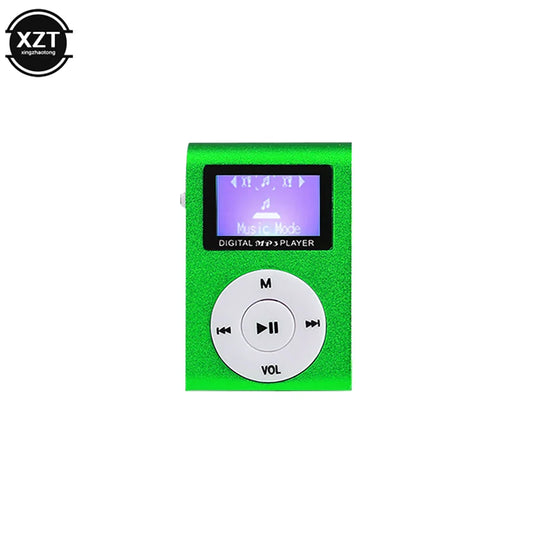 Green textured portable mp3 music player mini with circular white control pad and screen showing music mode for students
