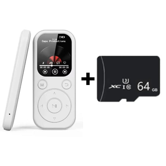 White portable mp3 player with compatible touch keys and speaker fm radio paired with black 64gb microsd card
