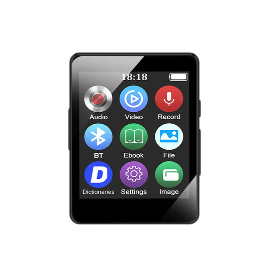 Black rectangular portable mp3 player with glossy screen displaying colorful apps for walkman sport player and mp4 video player