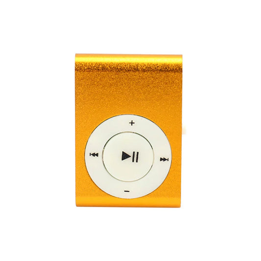 Gold-colored portable mp3 player with white circular control pad and black playback buttons designed as clip mp3 player sport mp3