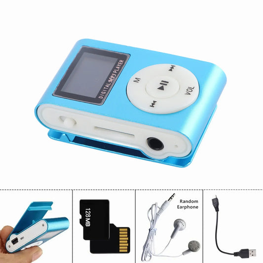 Light blue metallic mp3 music player with white circular control pad and 128m song card for portable use