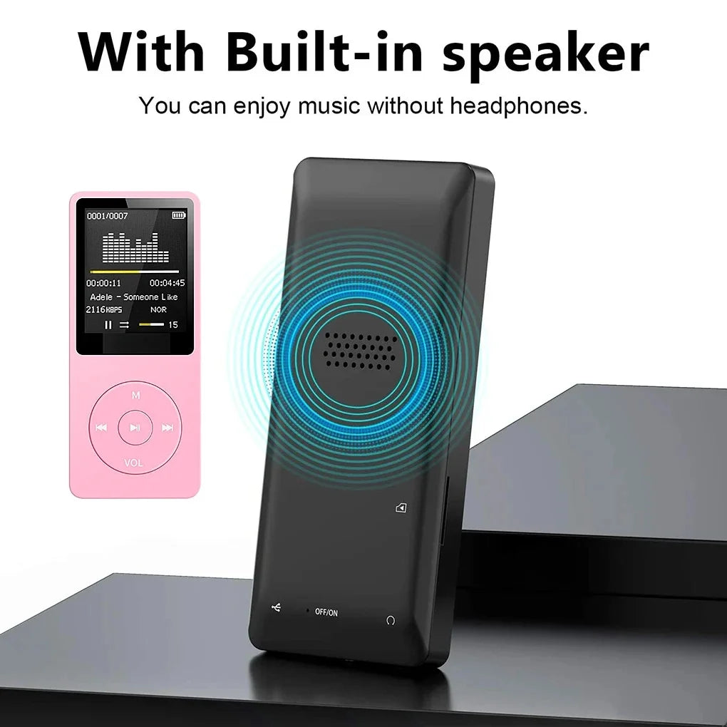 Black rectangular portable speaker with circular grille next to pink portable mp3 player for lossless pocket sport use