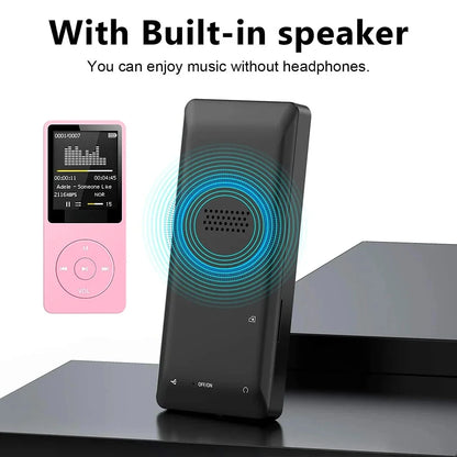 Black rectangular portable speaker with circular grille next to pink portable mp3 player for lossless pocket sport use