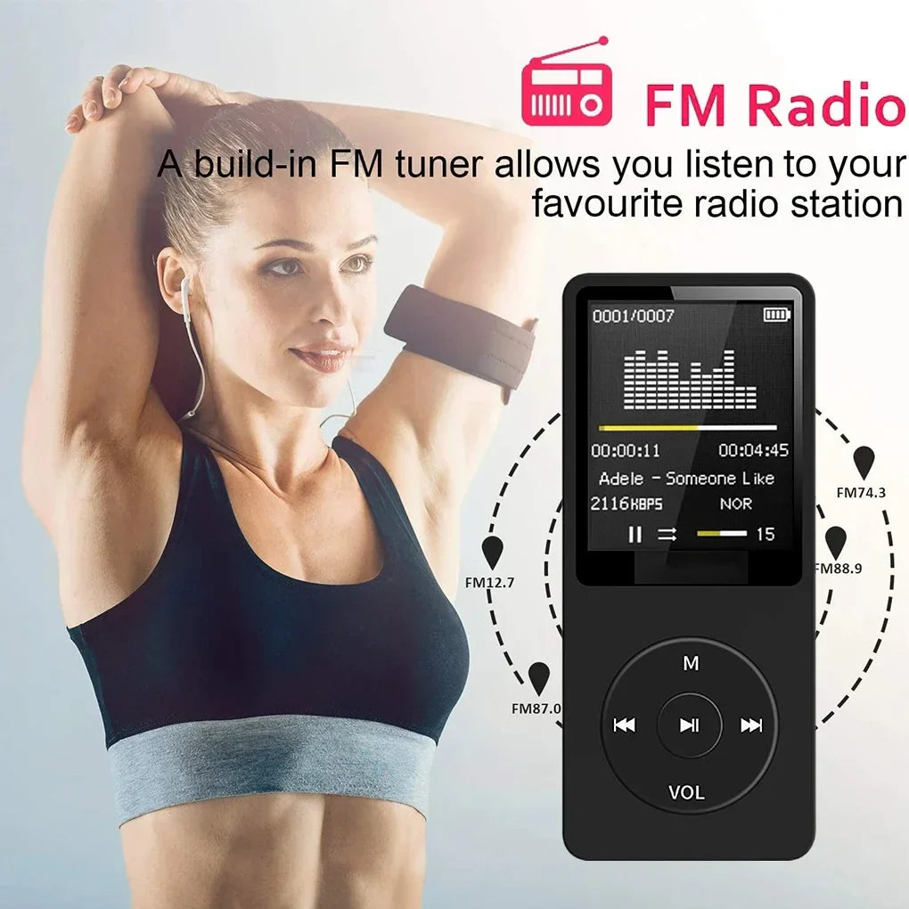 Black rectangular portable mp3 player with circular controls and digital display for rechargeable record noise lossless pocket sport use