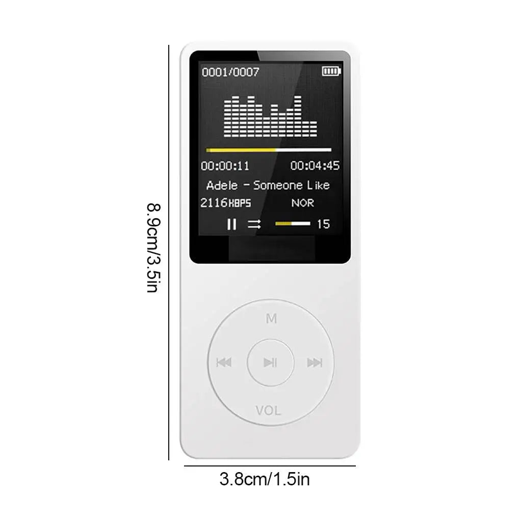 White rectangular portable mp3 player with small screen and circular navigation buttons for rechargeable record noise use