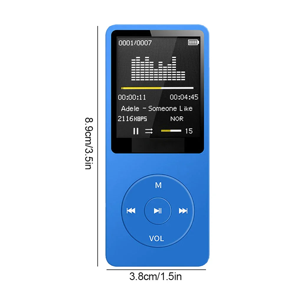 Blue portable mp3 player with charging record digital screen media lossless display and control buttons for sports use