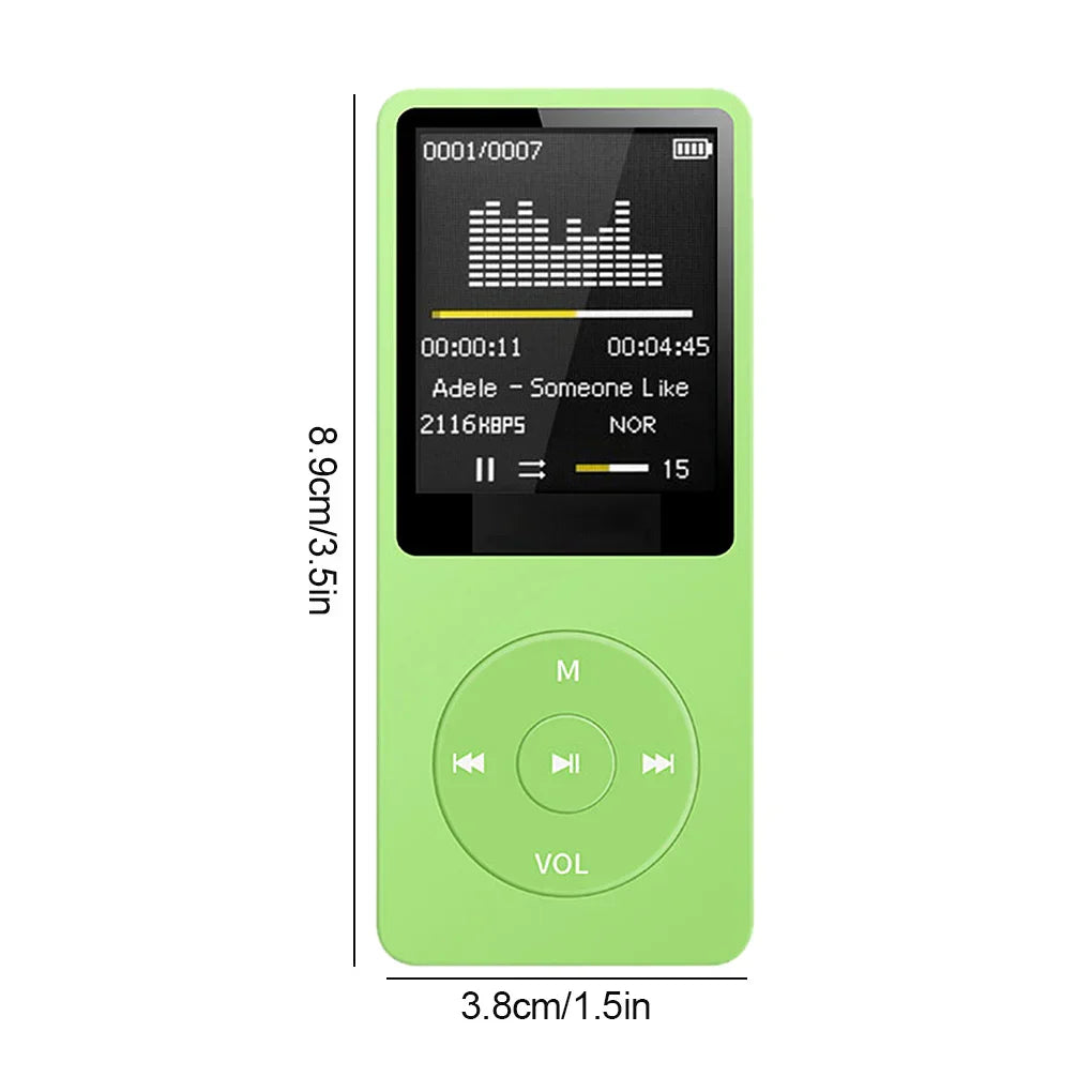 A lime green portable mp3 player with charging record digital display and circular controls for lossless portable pocket use