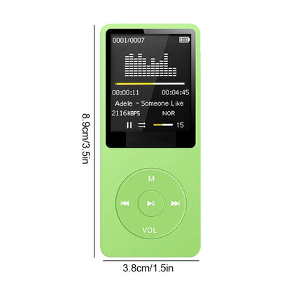 A lime green portable mp3 player with charging record digital display and circular controls for lossless portable pocket use