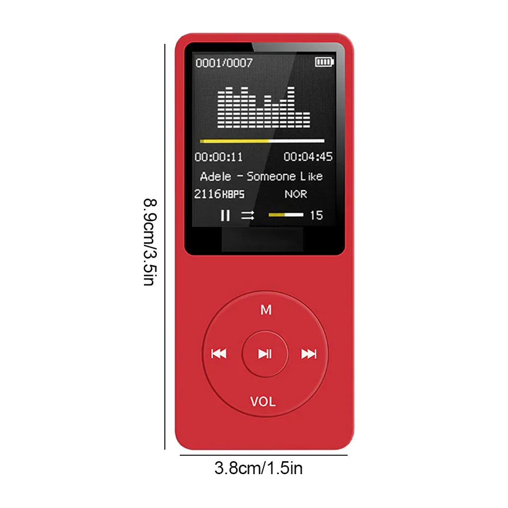 Red rectangular portable mp3 player with 3.5-inch screen and circular buttons for lossless portable pocket charging record digital use
