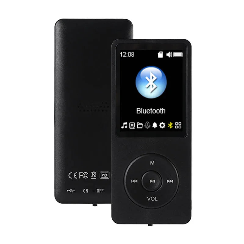 Black portable mp3 player with touchscreen display showing bluetooth and charging record digital screen media lossless features