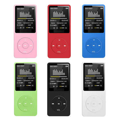 Six colorful portable mp3 players with digital display screens and circular controls for lossless portable pocket use