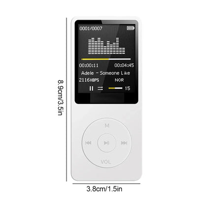 White rectangular portable mp3 player with small digital display screen and circular control pad for lossless portable pocket use