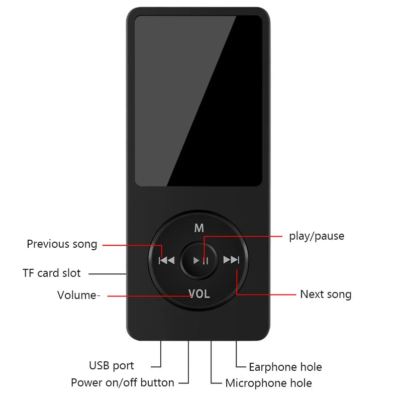 Black portable mp3 player with lcd digital display and circular control pad supports bluetooth lossless music playback